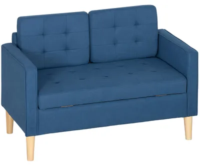 Productafbeelding van Tweezitsbank met opbergruimte, knoopdetails, kussens, rubberhout, 117x62x78cm, blauw