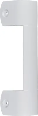A white, L-shaped hinge or bracket, isolated on a white background.