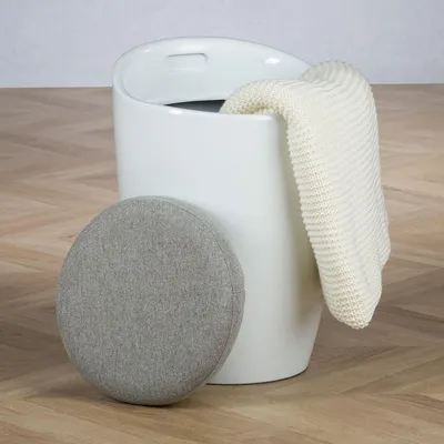 Produktbild von Sitzhocker Arbeitshocker Badhocker Badschemel Stauraumhocker DANIEL, mit Stauraum und Sitzkissen in weiß/grau