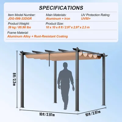 Obrázok produktu pre Pergola – Výsuvná vonkajšia nadstrešná konštrukcia – Hliníková konštrukcia – Ochrana pred UV žiarením 50+ – Rozmer 3 x 3 metre
