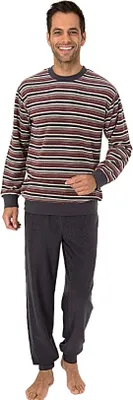 Produktbild von Eleganter Herren Frottee Pyjama langarm mit Bündchen in Streifenoptik - 291 101 13 576 ; grau/rot , 48