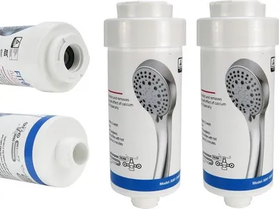 Two shower filters are shown, with close-up views of the ends of a third filter on the left.