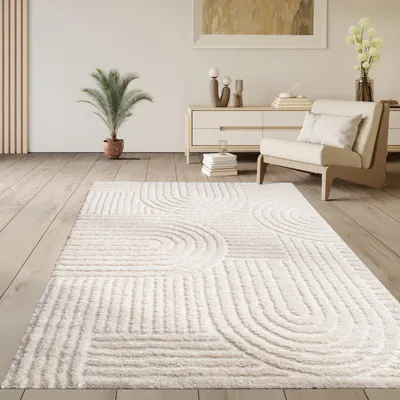 Produktbild von Hochflor Teppich Wohnzimmer Shaggy Skandinavisch Boho Einfarbig Regenbogen Creme Grösse 80x150 cm