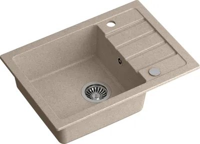 A beige composite kitchen sink with a drainboard and a single basin, shown from a slightly elevated angle against a white background.
