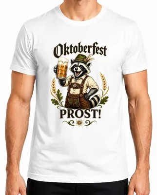 Productafbeelding van , PROST, wasbeerprint, leren broek, bier, traditioneel shirt, dirndl, heren T-shirt, wit, maat S