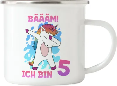 Produktbild von Bäääm Ich Bin 5 Emaille Tasse Einhorn 5. Geburtstag Geburtstagsgeschenk Einhorn-Fans Dabbing