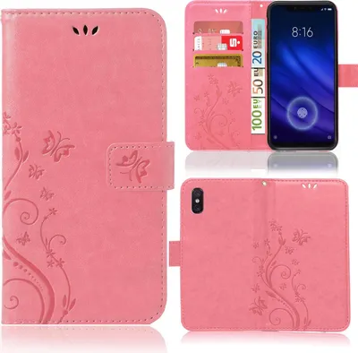 Produktbild von Handy Tasche für Xiaomi Mi 8 / Mi 8 Pro Schutz Hülle Handyhülle mit Blumenmuster Klapp Hülle mit Standfunktion und Kartenfächer Rosa