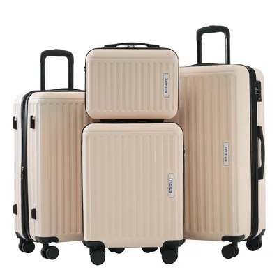 Produktbild von Flieks Kofferset 4 tlg., Trolleyset mit Kosmetiktasche, Reisekofferset mit 4 Rollen und TSA Schloss, Hartschale Trolley, S-M-L-XL, Beige