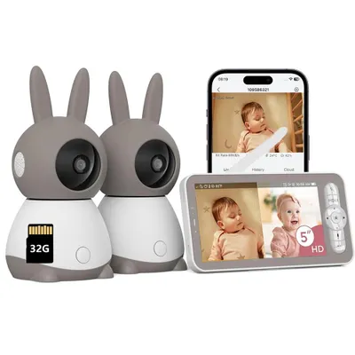 Image de Babyphone avec 2 caméras et APP 2K/5,0 pouces WLAN Babyphone avec écran partagé PTZ 360° 4× Zoom Vision nocturne IR Suivi automatique avec carte 32G