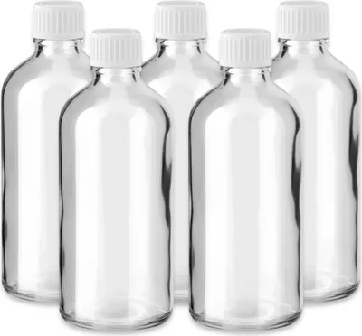 Produktbild von 5x Klare Glasflasche 100 ml mit weißem PP Kunststoff Schraubverschluss