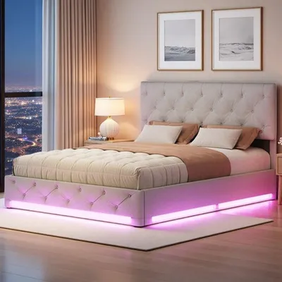 Image de Lit double - 160x200 cm - Avec éclairage LED - Avec espace de rangement - Blanc