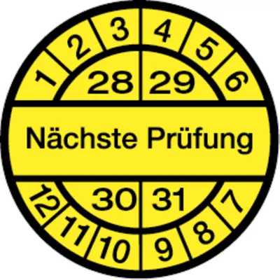 Produktbild von Dreifke® Prüfplakette, Nächste Prüfung, schwarz/gelb, Folie, Ø 1 - 13 mm Foli...