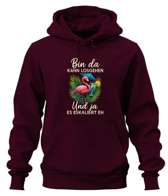Productafbeelding van Hier kan het beginnen, en ja, het escaleert. Flamingo Cocktail Party uni hoodie, bordeauxrood, maat S