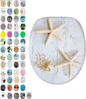 A toilet seat with a beach-themed design featuring starfish and sand.