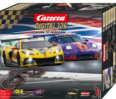 The image shows the packaging of a Carrera Digital 124 race car set, featuring two race cars on a track.