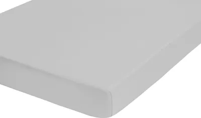 A close-up, angled view of a light gray fitted sheet on a white background.