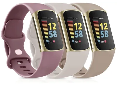 Productafbeelding van Silikon Sportarmband voor Fitbit Charge 5 en 6 - 3-pack in Starlight, Melkbruin en Violet