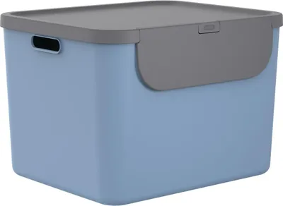 A blue trash can with a gray lid and a gray flap on the front.