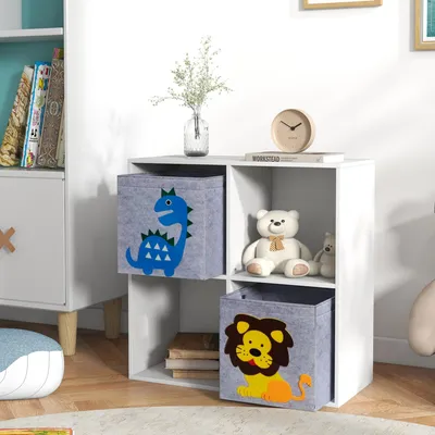 Produktbild von Kinderregal mit Schubladen, Würfelregal, Aufbewahrungsregal Kinder, MDF, Weiß | 61,8 x 29,9 x 61,8 cm | Kippschutz | Tiermotive