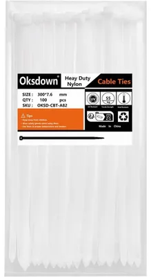Zdjęcie produktu dla Opaski kablowe, 300 mm x 7,6 mm, extra mocne, 100 sztuk, białe, odporne na promieniowanie UV, nylon, wytrzymałość na rozciąganie: 50 kg