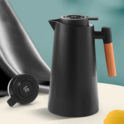 Produktbild von Thermoskanne 1L Isolierkanne mit Temperaturanzeige und Edlem Holzgriff Thermo Kaffeekanne langer Thermoeeffekt Schwarz