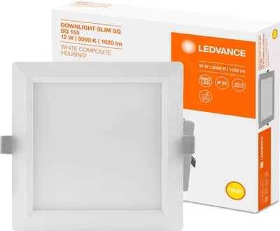 A white square LED downlight is shown in front of its packaging.