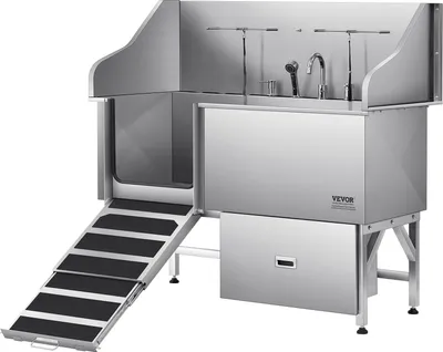 Obrázek produktu pro Koupací stanice pro psy VEVOR z nerezové oceli, 1550 x 790 x 1470 mm, miska pro péči o domácího mazlíčka s rampou, odtokovou deskou, kohoutkem, sprchovou hlavicí, vodítkem, vhodná pro velká, střední a malá domácí zvířata