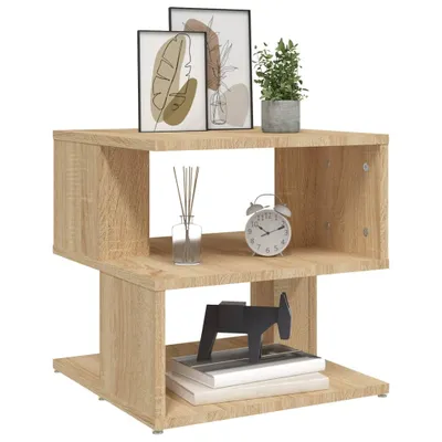 A wooden side table with decorative items on it.