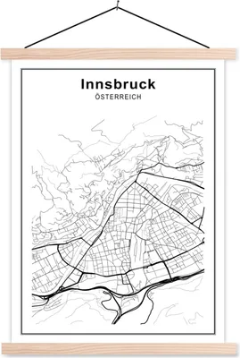 Produktbild von MuchoWow® Textilposter Stadtplan - Schwarz und Weiß - Innsbruck 40x53 cm mit holzfarbenen Rahmen - Schlafzimmer