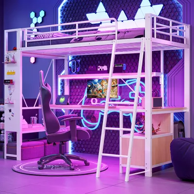 Zdjęcie produktu dla Łóżko piętrowe Merax, wysokie, 90x200 cm, z listwą LED, metalową płytą, biurkiem, wieloma półkami, portem USB, idealne dla dzieci, białe