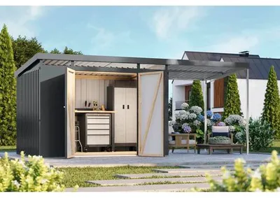 Produktbild von Gartenhaus Karibu Kharand 3 inkl. Oberlicht, Unterkonstruktion, Anbaudach 502,5 x 215 cm anthrazit