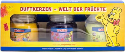 Produktbild von Haribo Duftkerzen im Glas - Duftkerzen fruchtig - Kerze im Glas - Kerzenglas - Duftkerzen im Glas - Haribokerzen - Windlicht mit Duft - 3er Set - 255g Berry Mix, Coconut Lime, Tropical Fun