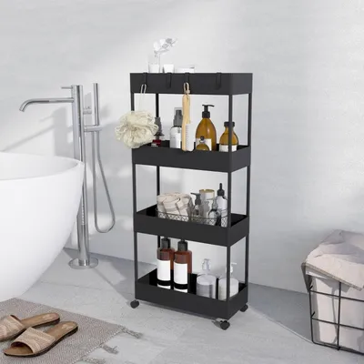 Produktbild von Küchenwagen mit 4 Regalen und 4 flexiblen Haken Nischenwagen Kücheninsel Küchenschrank 40 x 19 x 90 cm Schwarz