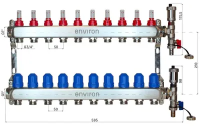 Imagen del producto de Colector para circuito de calefacción ambiente, 10 circuitos, 526 mm, acero inoxidable, sin juego de válvulas