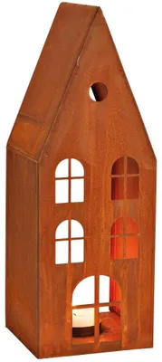 Image de Photophore maison bougeoir bougie chauffe-plat métal 34 cm brun