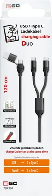 Produktbild von 2GO USB / Type C Ladekabel DUO 2x USB-C Nylon 1,2m  schwarz