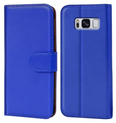 A blue flip case for a Samsung Galaxy S8 phone, shown from the front and back.