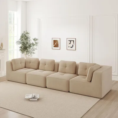 Produktbild von Cordstoff-Viersitzer-Sofa, rahmenloses Modulsofa, Tiefensitz, 386 x 104 x 69 cm, Beige