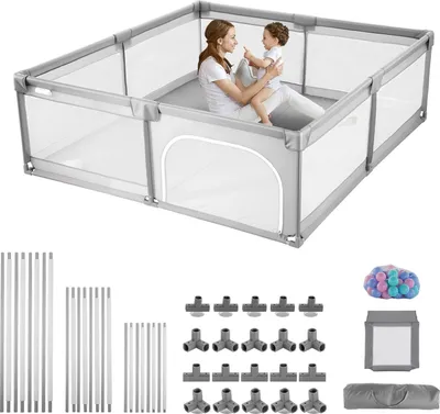 Produktbild von Baby-Laufstall & Laufgitter - Spielzaun - Maße 200 x 149 cm - Für Drinnen & Draußen - Mit 50 Bällebad-Bällen - Tür mit Reißverschluss - Atmungsaktives Netz - Sicherer Spielbereich
