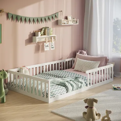 Produktbild von Bodenbett Bett mit Rausfallschutz & Lattenrost Montessori Bett Kinder Jugendbett Einzelbett optional mit Matratze | weiß Kiefer 140x200 cm