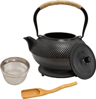 Produktbild von AD.CON Teekanne aus Gusseisen, Japanische Teekanne, Gusseisen Teekanne mit Sieb aus Edelstahl, Schwarz 1.4L