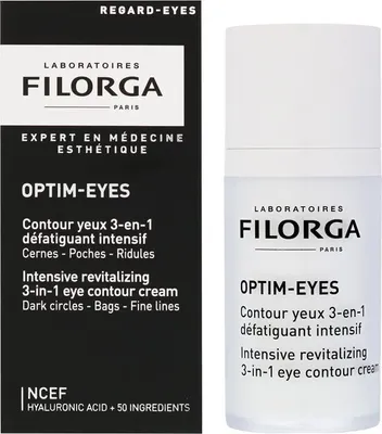 A product shot of a Filorga Optim-Eyes eye contour cream box and bottle.