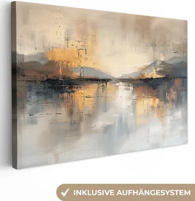 Produktbild von MuchoWow® - Leinwandbilder - Abstrakt - Modern - Beige - Ästhetisch - Gold, Wandbild, Wanddeko Bilder Wohnzimmer, 120x80 cm