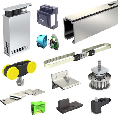 A collection of various sliding door hardware components, including a motor unit, a control module, a track, a belt, rollers, brackets, and other mounting hardware, arranged on a white background.