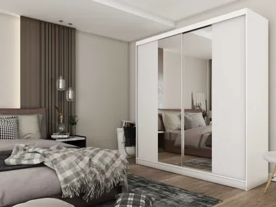 Produktbild von AGMAT Schwebetürenschrank  Lyon, Kleiderschrank mit 2 Türen, Moderne Garderobe in Farbe: Weiß, Schrank in Größe: 200 x 216 x 61 cm