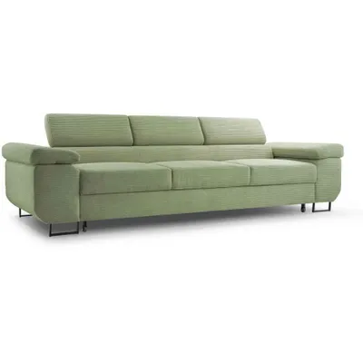 A light green sofa with a textured fabric and black legs, shown from a side-angle against a white background.