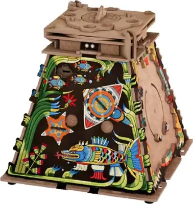 A 3D puzzle box shaped like a pyramid with intricate designs.