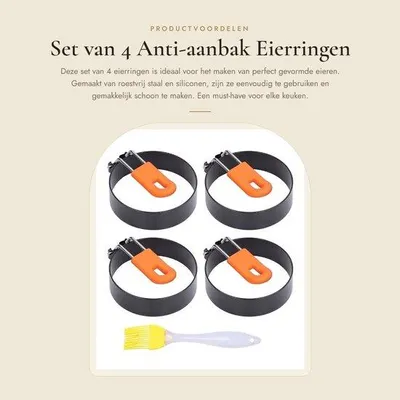 Produktbild von Eierringe, 4 Stück - Edelstahl/Silikon - Antihaftbeschichtung in Eiform - Kompakt/platzsparend - Inklusive Bürste - Für vorgebackene Eier/Burger - Eierformen