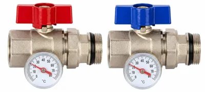 Produktbild von Kugelhahn Set 2er Messing DN25 1 Zoll Thermometer 0-80°C Rot Blau ISO 228