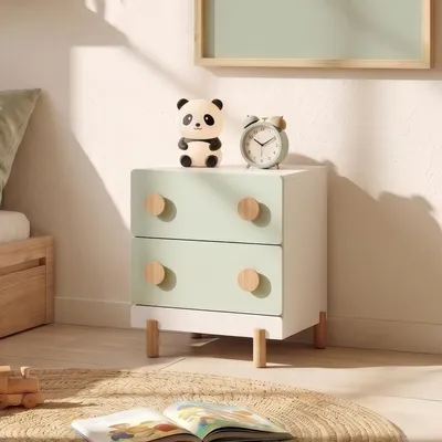 Obrázok produktu pre Nočný stolík pre deti 'Vaarentaa' s 2 zásuvkami, rozmer 47 x 40 x 35 cm, drevené nožičky, farba: biela/mintová
